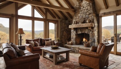 A rustic living room with wooden beams, leather furniture, and a stone fireplace