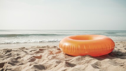 Obraz premium Orange Float on Sandy Beach: A bright orange inflatable ring rests on the soft, white sand of a beach, with the ocean waves gently rolling in the background.