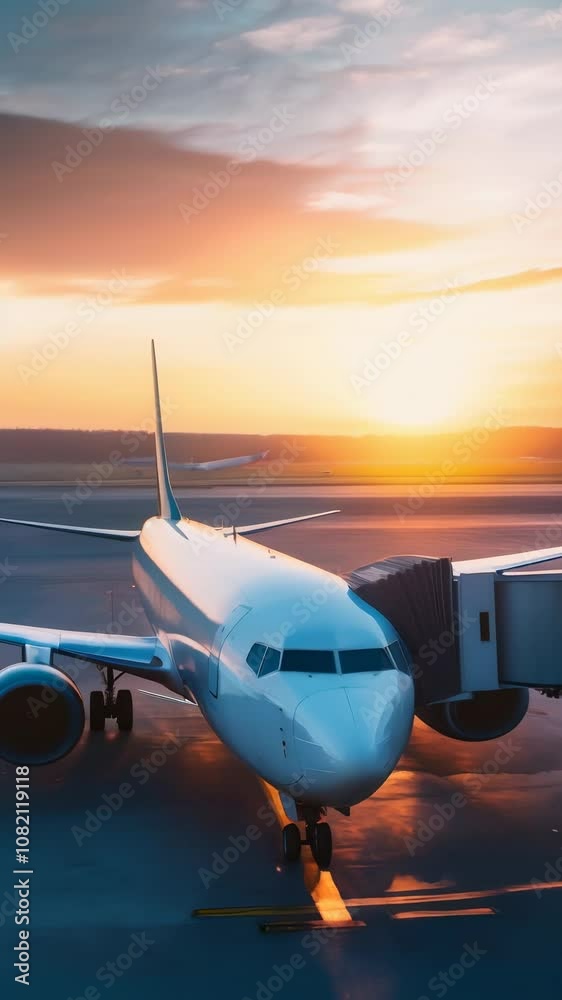 Poster white passenger airplane is parked at the airport gate, connected to the terminal building by a jet 