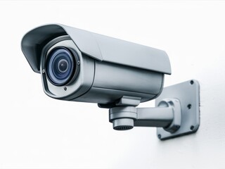 CCTV Security Camera on Wall: Close-up view of a modern, sleek CCTV security camera mounted on a wall, providing a sense of safety and protection.