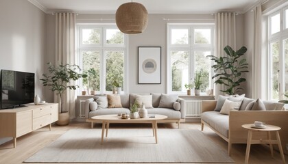Fototapeta premium A Scandinavian-inspired living room with light wood furniture, neutral colors, and plenty of natural light 