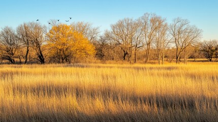 Fototapeta premium Golden Grass Field With Bare Trees and Birds in Flight