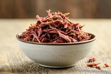 Fototapeta premium Close-up of shredded beef served on a wooden table, ideal for food photography and recipe illustrations