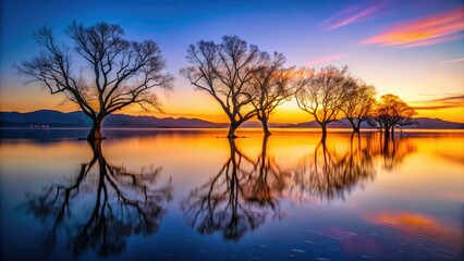 Stunning Reflection of Leafless Tree Silhouettes in Calm Water - Nature Photography, Landscape, Serenity, Tranquility, Abstract Art, 