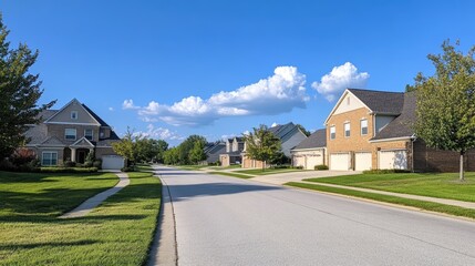 Fototapeta premium front view of beautiful houses in an upscale neighborhood, showcasing various types and styles of homes with lush green lawns, neatly trimmed trees and shrubs, and classic garage doors or modern conte