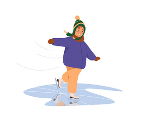 Cute little girl ice skating. Child in winter clothes ice skating on ice rink outdoors. Children skaters in cold weather. Winter leisure outdoors activity. Flat cartoon vector illustration on white.