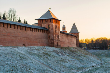 Towers of Novgorod Kremlin in Veliky Novgorod, Russia - winter architectural landscape at sunset