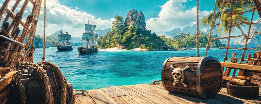 Pirate ship with treasure chest and tropical island in background. Adventure and exploration concept.