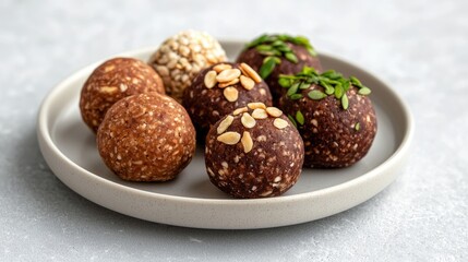 Delicious Energy Bites on a Light Gray Plate with a Variety of Textures and Toppings for Healthy Snacking and Nutritional Benefits