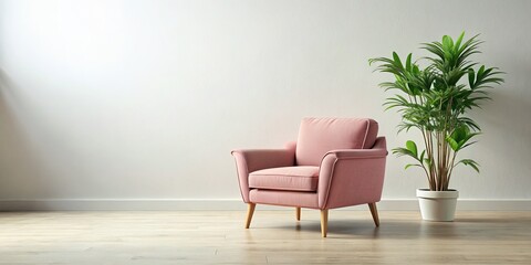 This elegant long exposure captures a pink armchair and plant on a white background, highlighting modern aesthetics and a serene atmosphere in interior decor photography.