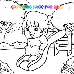 Boy playing in the park outline coloring page illustration