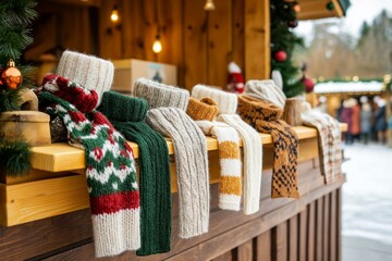 A colorful display of hand-knitted scarves hanging at a winter market, perfect for cozy fashion enthusiasts.