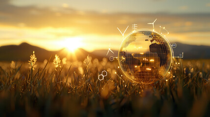 glowing globe representing renewable energy with solar and wind icons, set against sunset in grassy field, symbolizes sustainable future