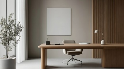 Minimalist modern office interior with a wooden desk, a white chair, a blank canvas on the wall, and a potted plant.