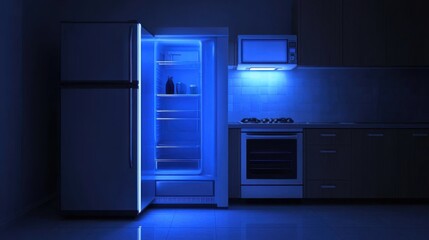 Modern Refrigerator with an Open Door and Blue LED Lighting in a Dark Kitchen at Night, Showcasing a Clean Interior and Sleek Design Aesthetic
