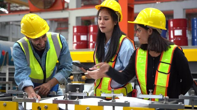 Indian engineer female and asian factory manager woman meeting and  talking to Architect or latin foreman with Blueprints together in industrial factory. group of diversity factory worker inspection