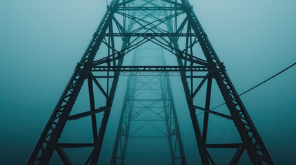 Close up of steel tower with cables in foggy atmosphere, showcasing industrial design and structure. image evokes sense of mystery and depth