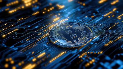 Digital currency concept featuring Bitcoin on circuit board background, symbolizing technology and finance. image conveys innovation and modernity in cryptocurrency world