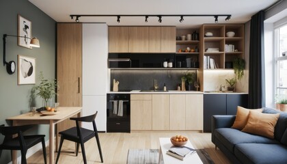 A small, modern apartment with clever use of space-saving furniture and multifunctional decor 