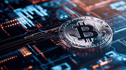 Digital currency concept featuring Bitcoin on circuit board background, symbolizing intersection of technology and finance