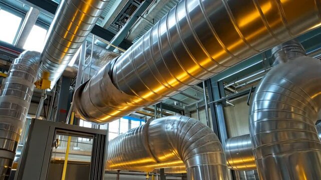 Ventilation technician performing custom ductwork installation in large-scale factories to enhance indoor climate control.