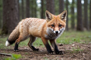 Naklejka premium Adorable Fox Kit Playing in North American Forest Isolated Young Animal