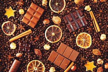 Background of coffee beans, dark and milk chocolate pieces, cinnamon, dried orange and star anise.