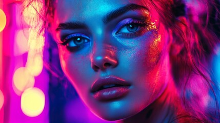 A woman under neon lights, with bright neon colors illuminating her face, creating a colorful and stylish portrait