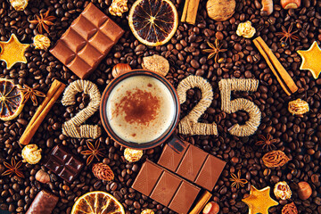 Numbers 2025 on a background of coffee beans, dark and milk chocolate pieces, cinnamon, dried orange and star anise.