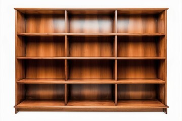 Empty Wooden Bookshelf: A sturdy, classic wooden bookshelf with twelve empty shelves, ready to be filled with knowledge, stories, and treasured possessions.  