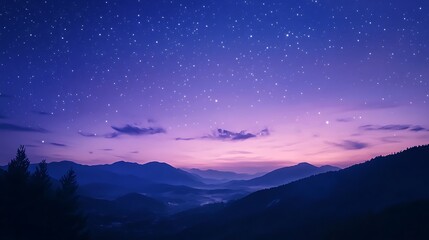 Fototapeta premium Silhouette of mountains against a starry night sky with a purple and blue gradient.