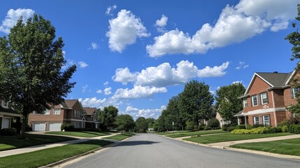 a beautiful residential neighborhood with modern houses, green lawns, and clean roads. The sky is clear and blue