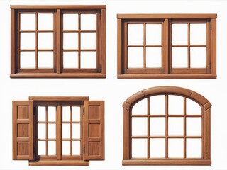 Wooden Window Styles: A collection of four distinct wooden window designs, showcasing variations in shape, size, and pane configuration.