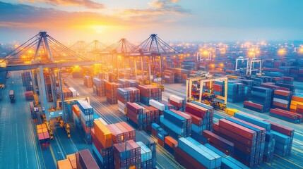 Logistics hub with containers and cranes at dusk, freight workers directing the flow, aerial shot capturing massive scale, moody industrial lighting