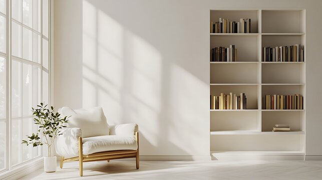 Minimalist living room with a white armchair, a potted plant, and a built-in bookshelf filled with books against a white wall, bathed in sunlight.