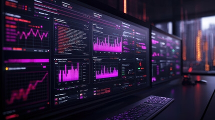 multiple computer monitors display vibrant analytics dashboards in dimly lit office, showcasing performance metrics and data visualizations. scene conveys high tech, focused atmosphere