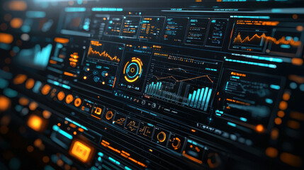 Fototapeta premium futuristic full stack application monitoring interface displays dynamic data visualizations, including graphs and charts, in high tech digital environment