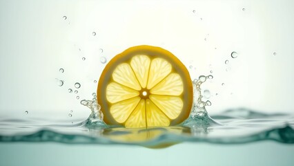 A fresh slice of lemon splashing in water with drops.