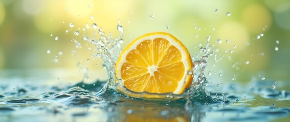 A fresh slice of lemon splashing in water with drops.
