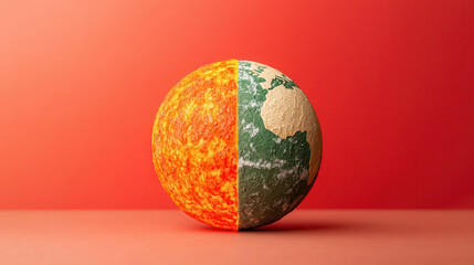 image depicts split representation of Earth and Sun, showcasing contrast between fiery core and planet surface. This visual emphasizes relationship between rising temperatures and climate change