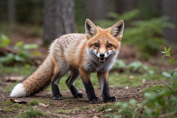 Fototapeta premium Adorable Fox Kit Frolicking in North American Forest Surrounded by Nature