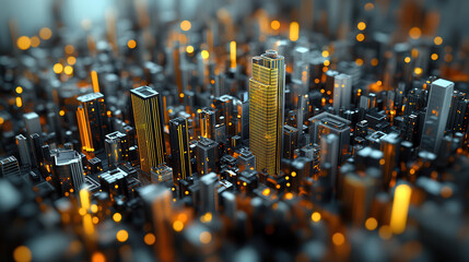 vibrant cityscape featuring towering skyscrapers illuminated by warm orange lights, creating dynamic urban atmosphere