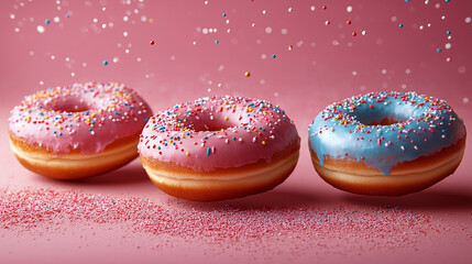 Delicious donuts decorated with pink chocolate icing and sugar sprinkles fall through the air with colored sprinkles 