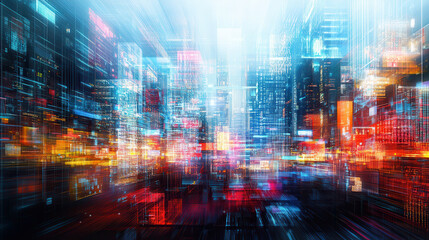 Fototapeta premium Abstract digital cityscape with vibrant lights and motion blur, showcasing futuristic urban environment filled with colorful skyscrapers and glowing elements