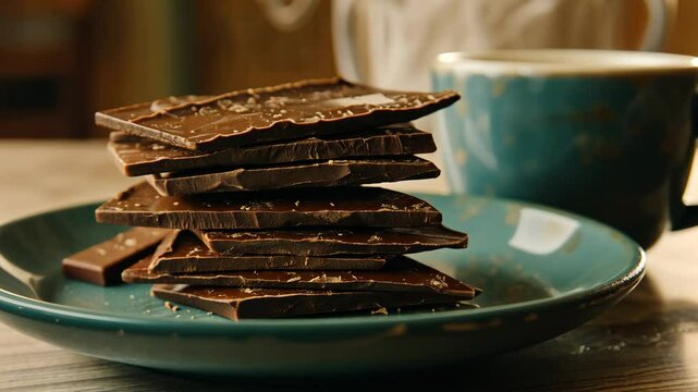 A stack of dark chocolate squares sits on a teal saucer next to a teal mug