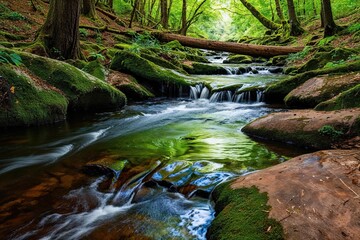 Vibrant Forest Stream with Flowing Water and Lush Green Reflections