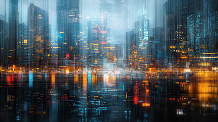 Obraz premium vibrant city skyline at night, featuring illuminated buildings and reflections on water, creating dynamic and futuristic atmosphere