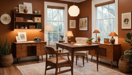 A vintage-inspired home office with wooden furniture, warm lighting, and retro accessories 