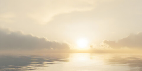 Fototapeta premium A serene sunrise scene with gentle beams of light illuminating a tranquil water surface and soft clouds in the background