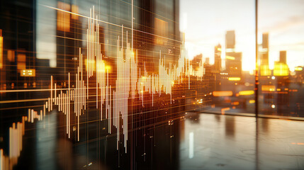 Fototapeta premium digital representation of financial data with jagged lines and sunset reflections in modern office. warm colors create dynamic atmosphere